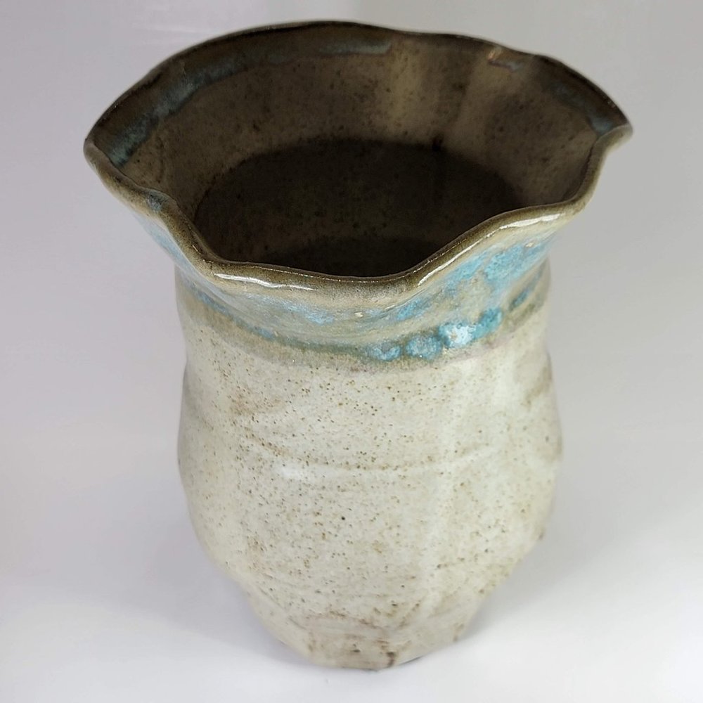 Handmade Flower Vase Stoneware Ceramic White with Green 7" Tall